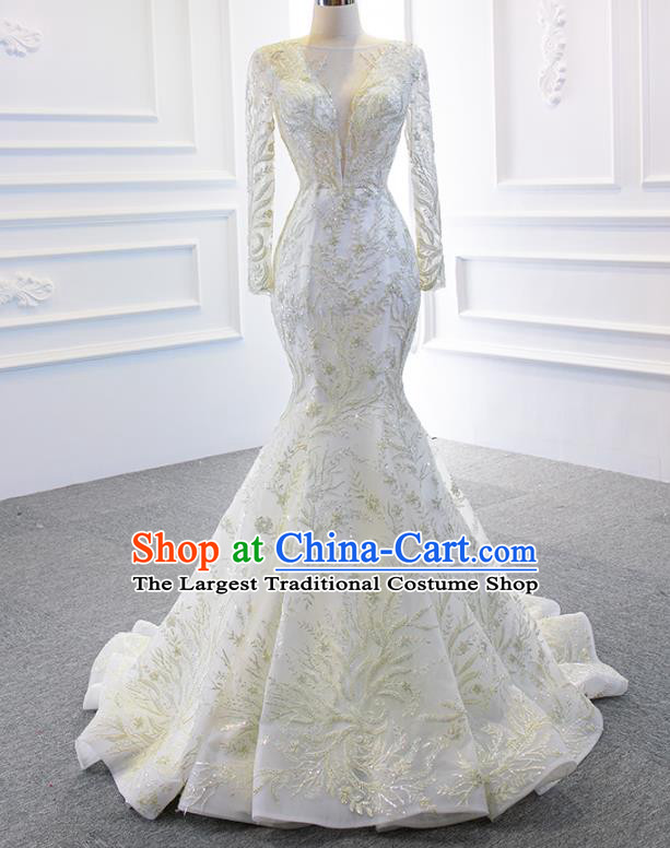 Custom Marriage Embroidery Formal Garment Compere Luxury Fishtail Full Dress Catwalks Princess Costume Bride Clothing Vintage Wedding Dress