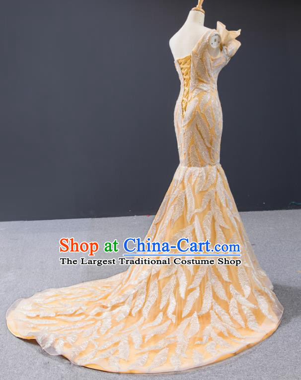 Custom Vintage Bride Clothing Luxury Yellow Wedding Dress Compere Formal Garment Marriage Fishtail Full Dress Catwalks Princess Costume