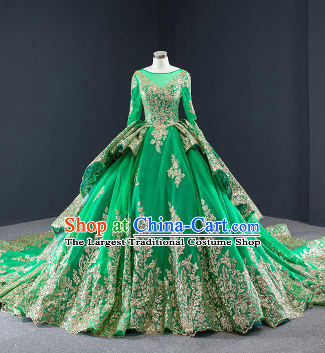 Custom European Princess Costume Vintage Bride Clothing Luxury Green Wedding Dress Compere Formal Garment Court Trailing Full Dress