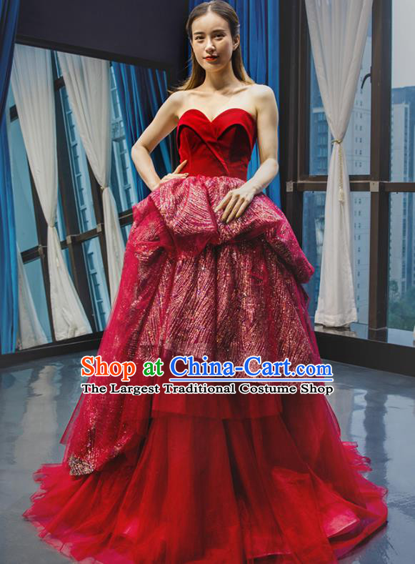Custom Bride Clothing Luxury Red Wedding Dress Compere Formal Garment Court Vintage Full Dress European Queen Costume