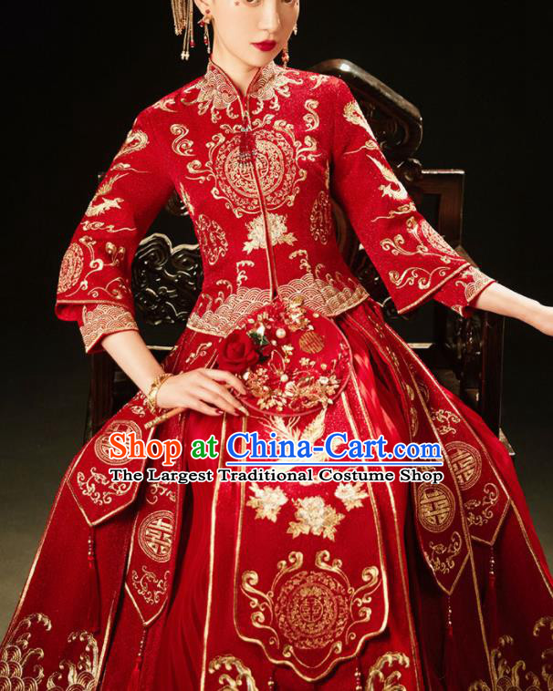 China Embroidery Bridal Attire Clothing Wedding Garment Costumes Bride Toasting Red Dress Outfits Traditional Xiuhe Suits