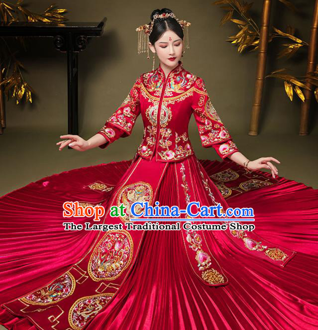 China Traditional Xiuhe Suits Embroidery Bridal Attire Clothing Wedding Garment Costumes Bride Toasting Red Dress Outfits