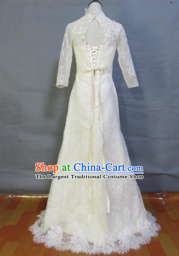 Custom Beige Lace Wedding Dress Modern Dance Fashion Costume Bride Trailing Full Dress Photography Clothing
