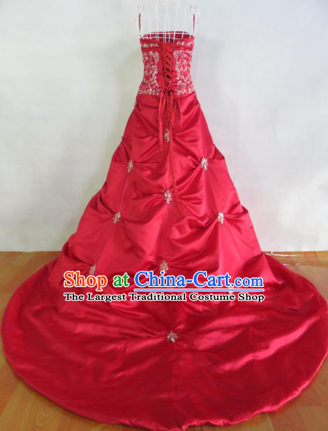 Custom Bride Trailing Full Dress Photography Clothing Red Satin Wedding Dress Modern Dance Fashion Costume
