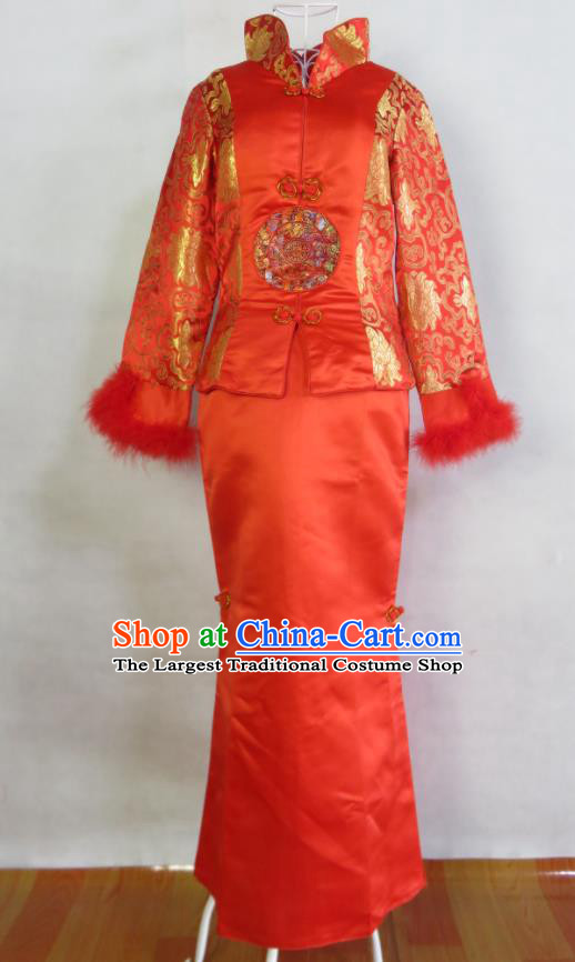 China Traditional Winter Wedding Garment Costumes Tang Suit Cheongsam Classical Xiuhe Suits Ancient Toasting Clothing Bride Red Satin Dress
