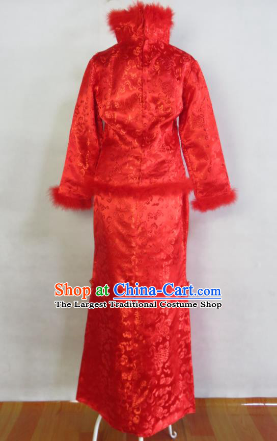China Bride Red Satin Dress Traditional Winter Wedding Garment Costumes Tang Suit Cheongsam Classical Xiuhe Suits Ancient Toasting Clothing