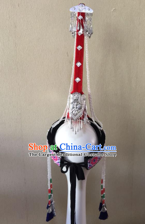 China She Nationality Folk Dance Red Hat Guangdong Minority Dance Headwear Ethnic Performance Tassel Headdress