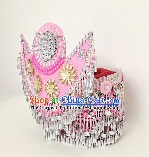 Chinese Ethnic Wedding Headwear Miao Nationality Bride Pink Hat Tujia Minority Young Woman Headdress