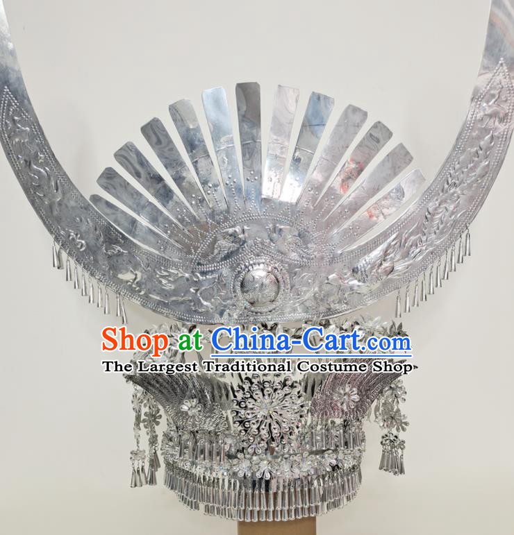 Chinese Dong Minority Woman Silver Headpieces Ethnic Wedding Headwear Miao Nationality Bride Hat