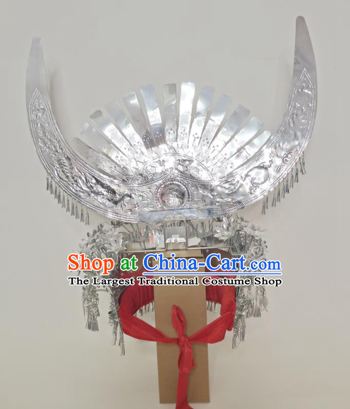 Chinese Dong Minority Woman Silver Headpieces Ethnic Wedding Headwear Miao Nationality Bride Hat