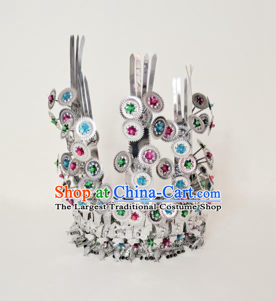 Chinese Ethnic Bride Wedding Headwear Tujia Nationality Stage Performance Hat Dong Minority Woman Silver Headdress