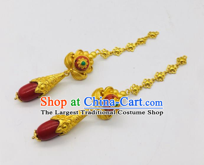 Chinese Classical Dance Ear Accessories Traditional Tibetan Nationality Golden Earrings Zang Minority Wedding Ear Jewelry