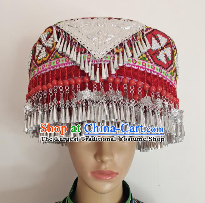 Chinese Yao Nationality Stage Performance Red Hat Tujia Minority Woman Wedding Headdress Yunnan Ethnic Bride Headwear