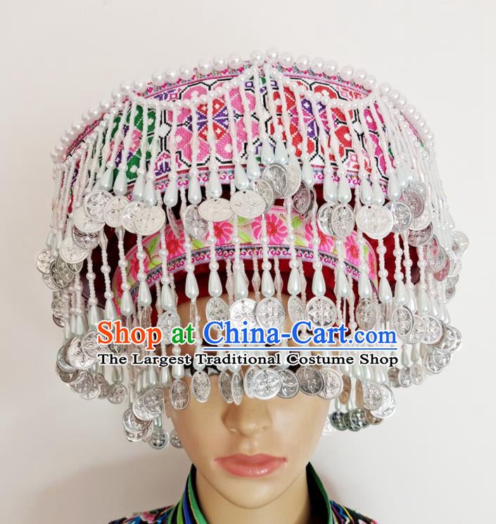 Chinese Yao Minority Woman Wedding Headdress Yunnan Ethnic Bride Headwear Miao Nationality Stage Performance Tassel Hat