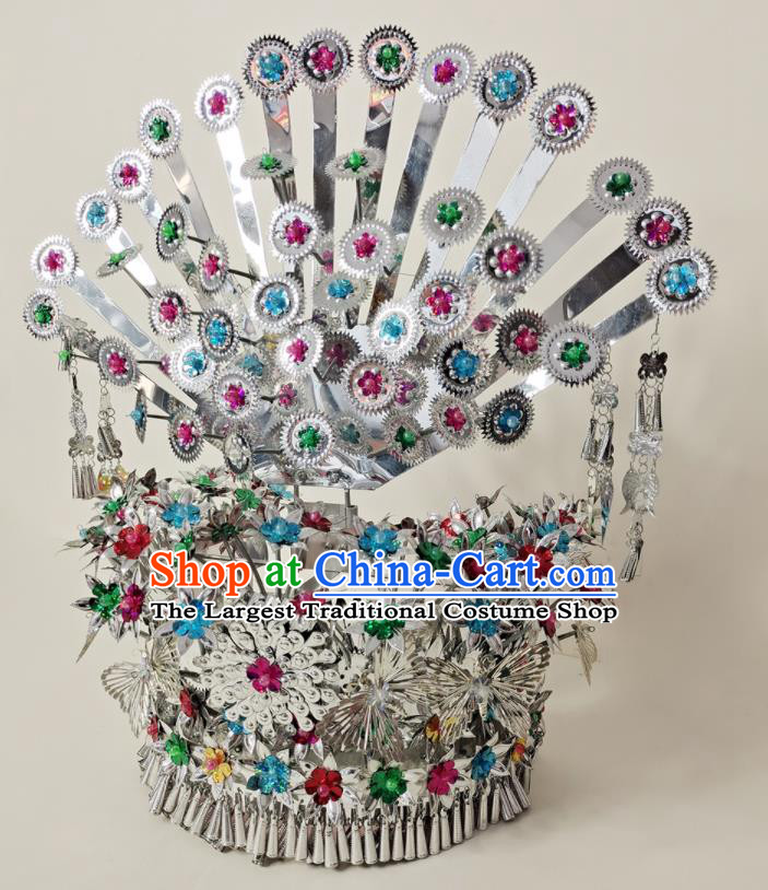 Chinese Miao Nationality Stage Performance Silver Hat Hmong Minority Woman Folk Dance Headdress Yunnan Ethnic Hair Crown Hair Accessories
