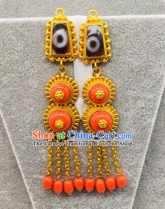 Chinese Zang Minority Festival Ear Jewelry Classical Dance Ear Accessories Traditional Tibetan Nationality Beads Tassel Earrings