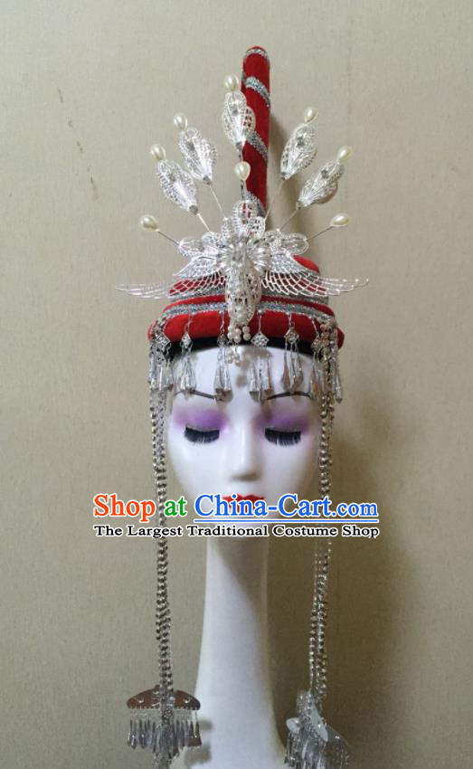 China Ethnic Performance Tassel Headdress She Nationality Folk Dance Red Hat Guangdong Minority Wedding Headwear
