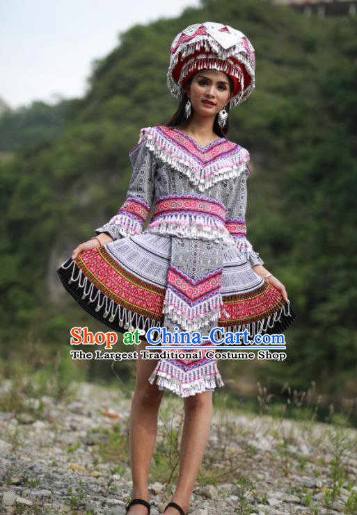 China Hmong Ethnic Dance Grey Dress Outfits Traditional Yunnan Minority Garment Costumes Miao Nationality Woman Clothing Photography Clothing