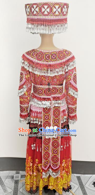 China Miao Nationality Wedding Costume Photography Clothing Hmong Ethnic Dance Red Dress Outfits Traditional Yunnan Minority Bride Garments