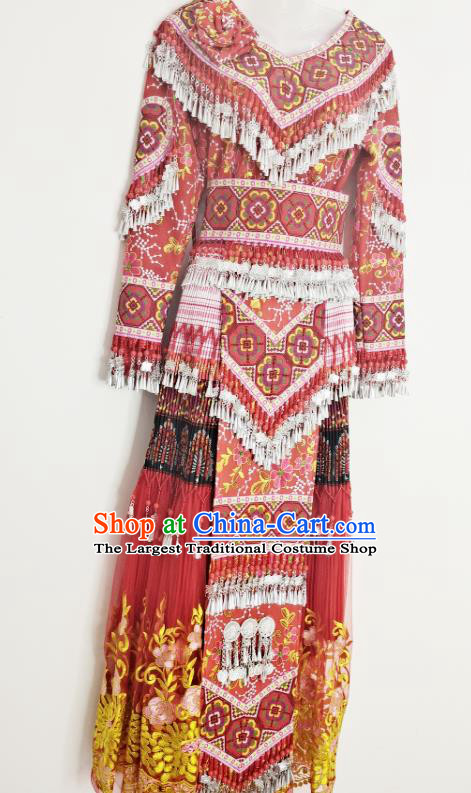 China Miao Nationality Wedding Costume Photography Clothing Hmong Ethnic Dance Red Dress Outfits Traditional Yunnan Minority Bride Garments