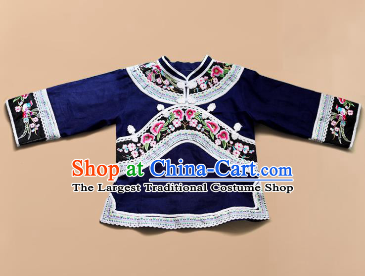 Chinese Guizhou Ethnic Woman Navy Outfits Bouyei Nationality Embroidery Garment Costumes Zhuang Minority Folk Dance Clothing