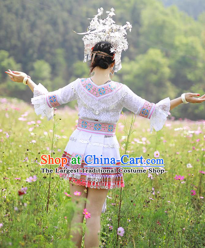 China Miao Nationality Woman Clothing Photography Clothing Hmong Ethnic Dance White Dress Outfits Traditional Yunnan Minority Garment Costumes