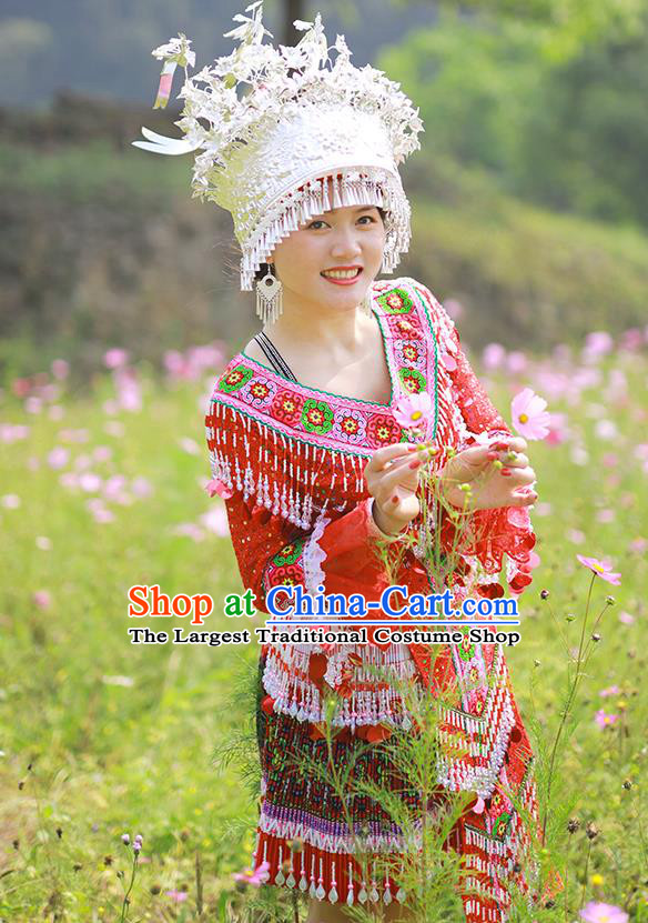 China Traditional Yunnan Minority Garment Costumes Miao Nationality Woman Clothing Photography Clothing Hmong Ethnic Dance Red Dress Outfits