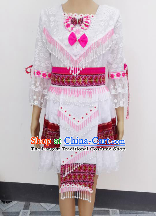 China Traditional Hmong Festival White Dress Outfits Yunnan Minority Woman Garments Miao Nationality Folk Dance Costumes Ethnic Performance Clothing