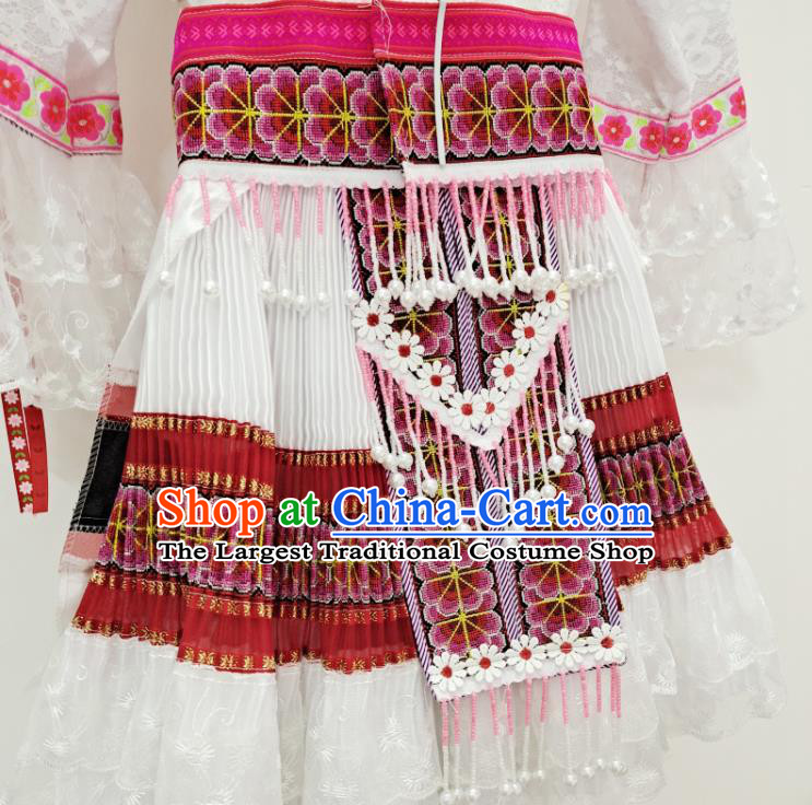 China Traditional Hmong Festival White Dress Outfits Yunnan Minority Woman Garments Miao Nationality Folk Dance Costumes Ethnic Performance Clothing