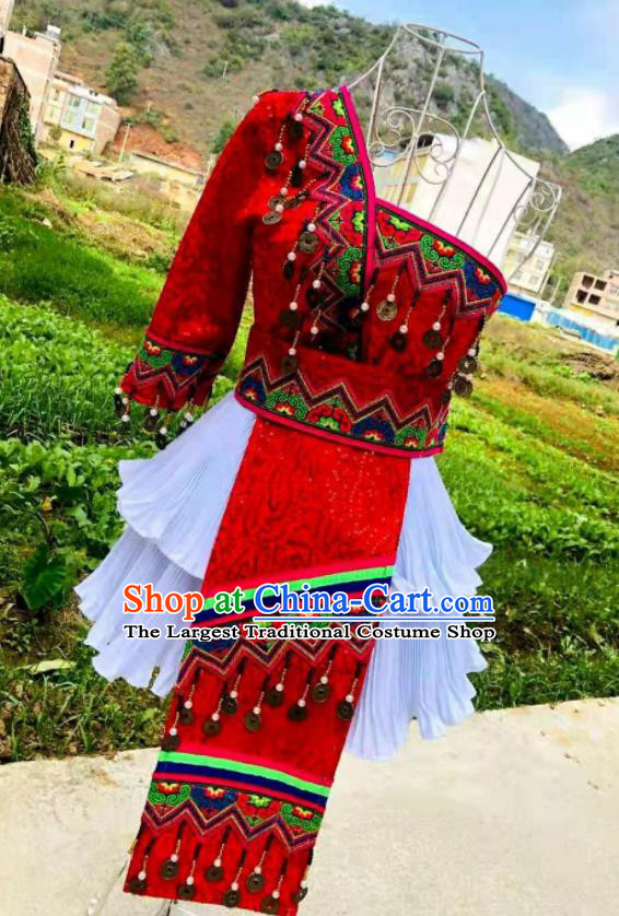 China Ethnic Performance Clothing Traditional Hmong Folk Dance Dress Outfits Yunnan Minority Garments Miao Nationality Female Costumes
