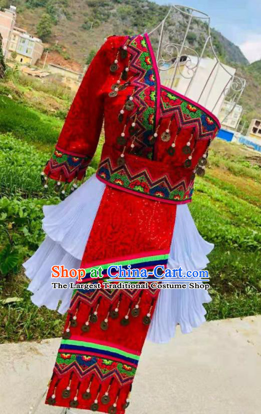 China Ethnic Performance Clothing Traditional Hmong Folk Dance Dress Outfits Yunnan Minority Garments Miao Nationality Female Costumes