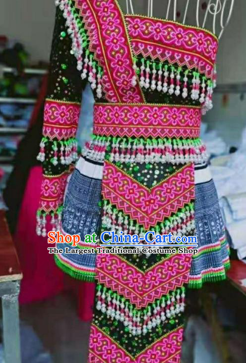 China Miao Nationality Female Costumes Ethnic Performance Clothing Traditional Hmong Folk Dance Dress Outfits Guizhou Minority Garments