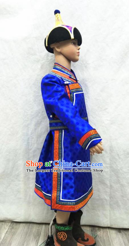 Chinese Mongol Nationality Folk Dance Clothing Traditional Children Royalblue Satin Mongolian Robe Ethnic Boys Festival Performance Costume