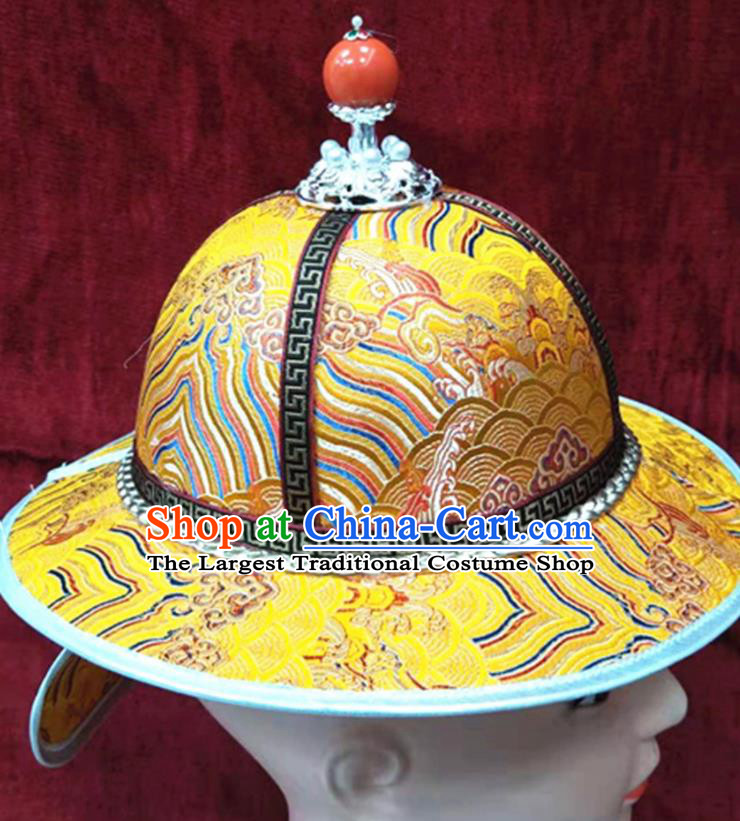 China Mongolian Nationality Boys Headdress Ancient Yuan Dynasty Prince Headwear Handmade Yellow Satin Hat