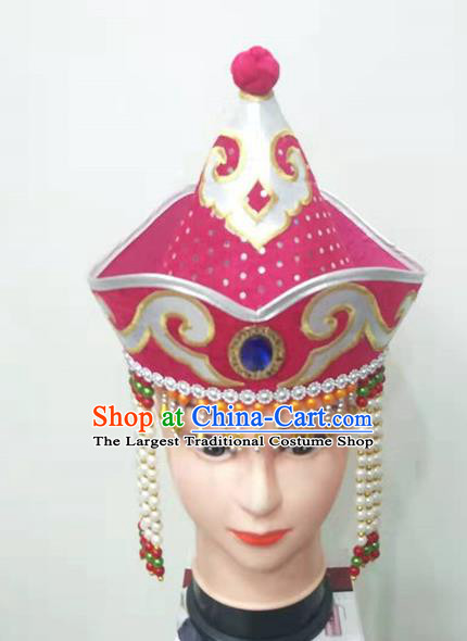 Chinese Ethnic Girl Folk Dance Headdress Mongol Nationality Stage Performance Rosy Hat Mongolian Minority Dance Tassel Headdress
