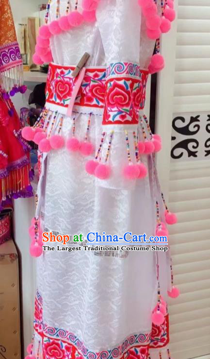 China Ethnic Clothing Traditional Hmong Folk Dance White Dress Outfits Yunnan Minority Performance Garments Miao Nationality Bride Costumes