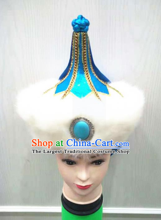 China Handmade Male Blue Hat Mongolian Nationality Folk Dance Headdress Ancient Yuan Dynasty Royal Highness Headwear