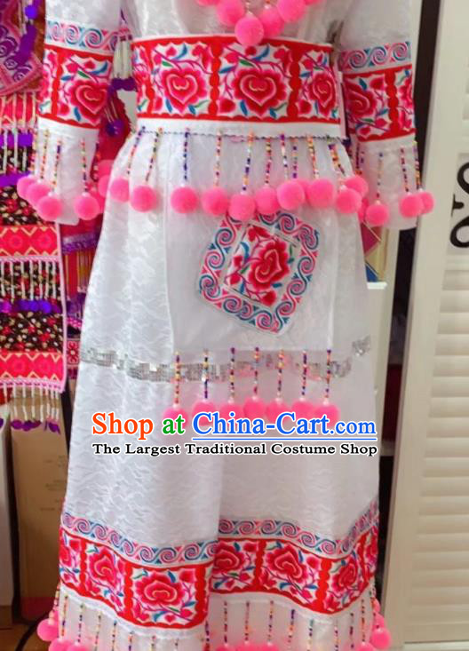 China Ethnic Clothing Traditional Hmong Folk Dance White Dress Outfits Yunnan Minority Performance Garments Miao Nationality Bride Costumes