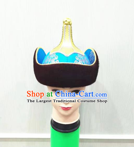 China Ancient Yuan Dynasty Royal Highness Headwear Handmade Male Blue Hat Mongolian Nationality Folk Dance Headdress