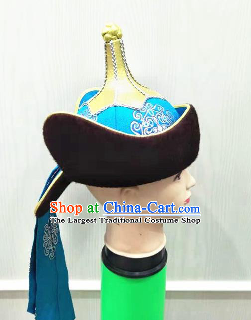 China Ancient Yuan Dynasty Royal Highness Headwear Handmade Male Blue Hat Mongolian Nationality Folk Dance Headdress