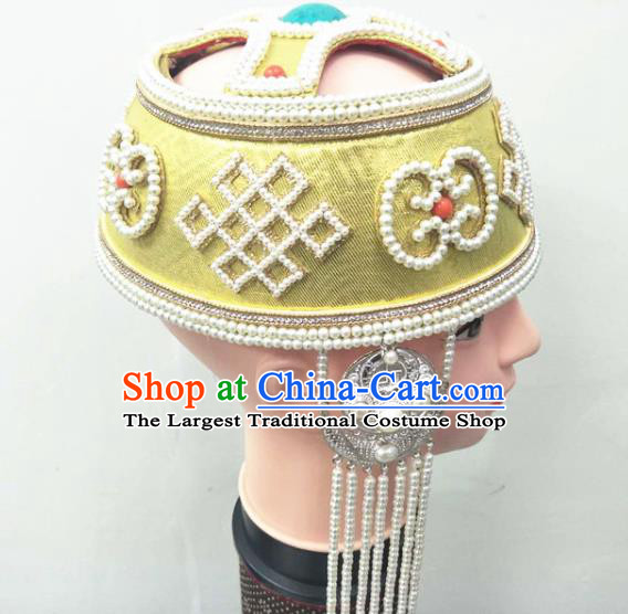 Chinese Mongolian Minority Wedding Hair Accessories Ethnic Folk Dance Headdress Mongol Nationality Stage Performance Beads Tassel Golden Hat