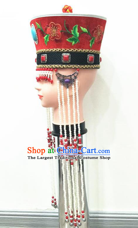 Chinese Mongol Nationality Stage Performance Beads Tassel Red Hat Mongolian Minority Wedding Hair Accessories Ethnic Bride Headdress
