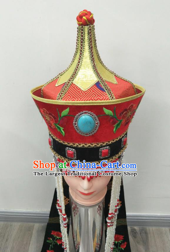 Chinese Ethnic Bride Headdress Mongol Nationality Stage Performance Tassel Red Hat Mongolian Minority Wedding Hair Accessories