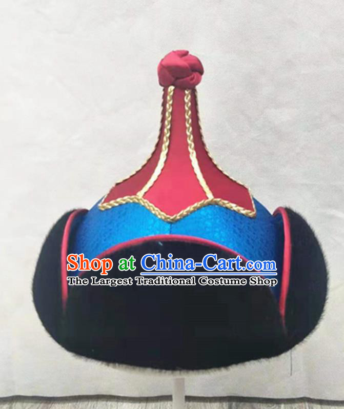 China Mongol Nationality Folk Dance Headwear Handmade Bridegroom Blue Hat Mongolian Nationality Wedding Headdress
