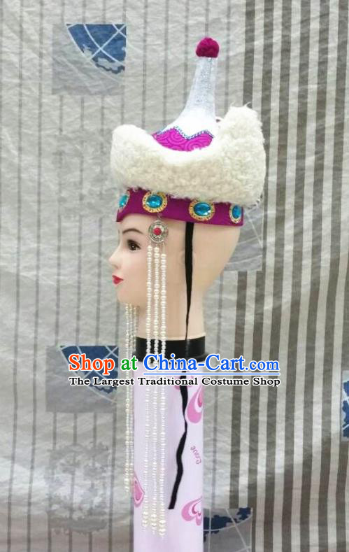 Chinese Mongol Nationality Bride Tassel Purple Hat Mongolian Minority Wedding Hair Accessories Ethnic Stage Performance Headdress