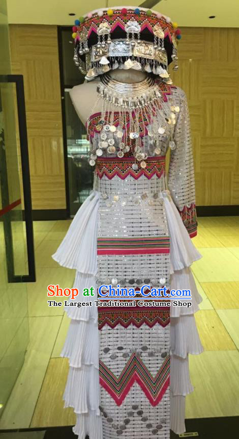 China Yunnan Minority Folk Dance Garments Miao Nationality Bride Costumes Ethnic Clothing Traditional Hmong Wedding White Dress Outfits