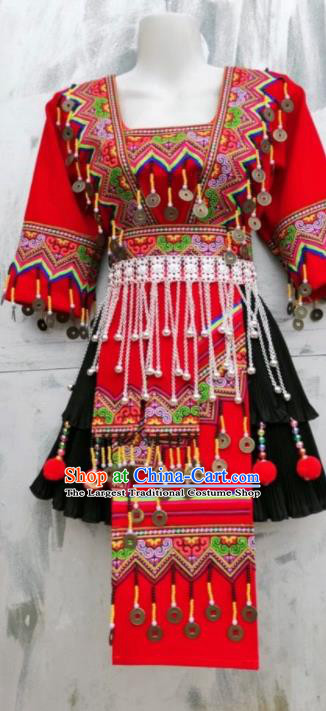China Miao Nationality Performance Costumes Ethnic Festival Clothing Traditional Hmong Folk Dance Short Dress Outfits Yunnan Minority Garments