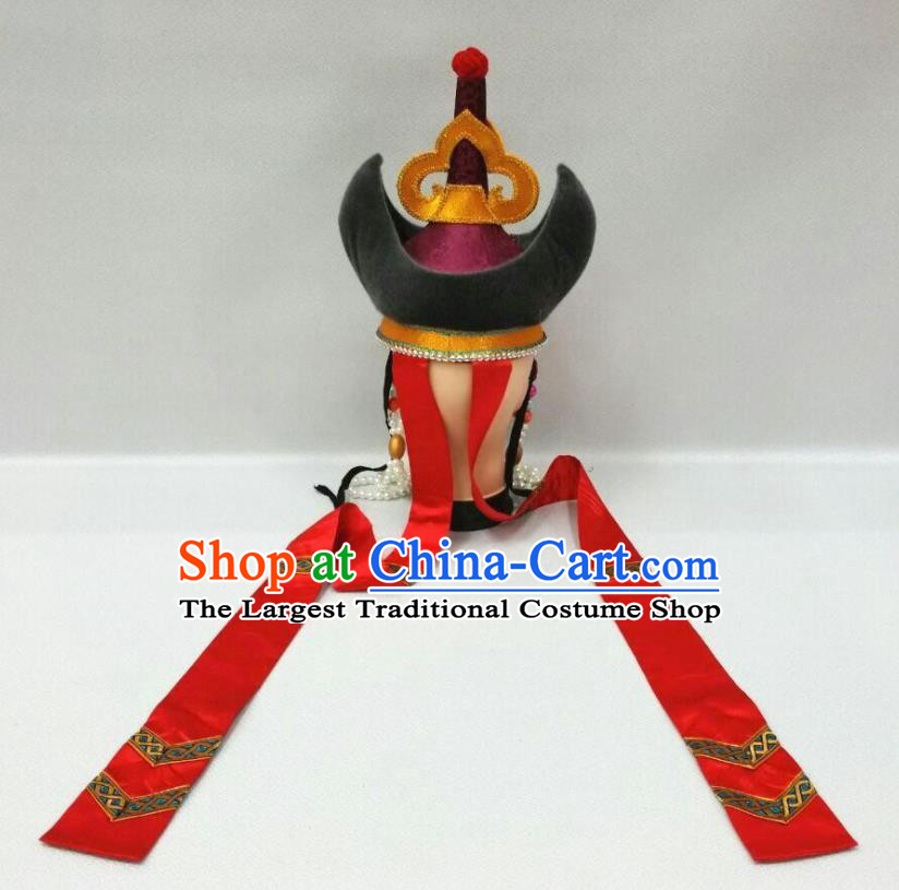 Chinese Mongolian Minority Wedding Hair Accessories Ethnic Stage Performance Headdress Mongol Nationality Bride Long Ribbon Hat