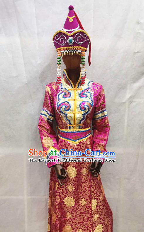 China Traditional Mongolian Folk Dance Rosy Brocade Dress Mongol Minority Wedding Garments Moggol Nationality Performance Clothing