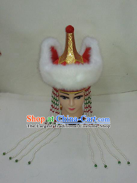 Chinese Mongol Nationality Bride Red Hat Mongolian Minority Wedding Hair Accessories Ethnic Stage Performance Headdress